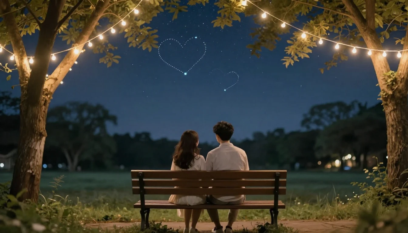 A romantic couple sitting on a wooden bench in a park under ...