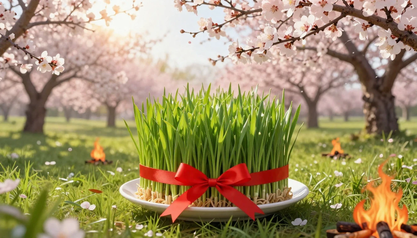 A lush and vibrant spring landscape featuring a central plat...