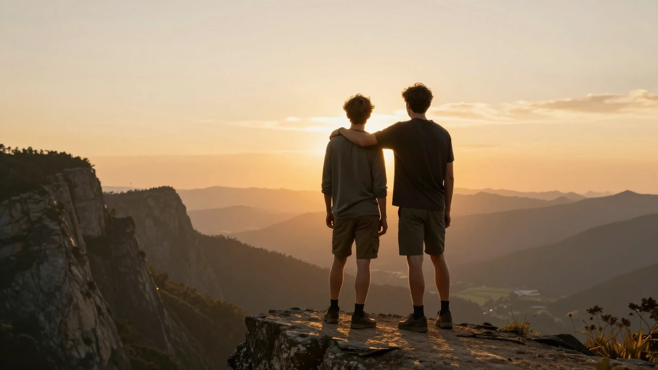 Cinematic shot of two brothers standing on the edge of a sce...