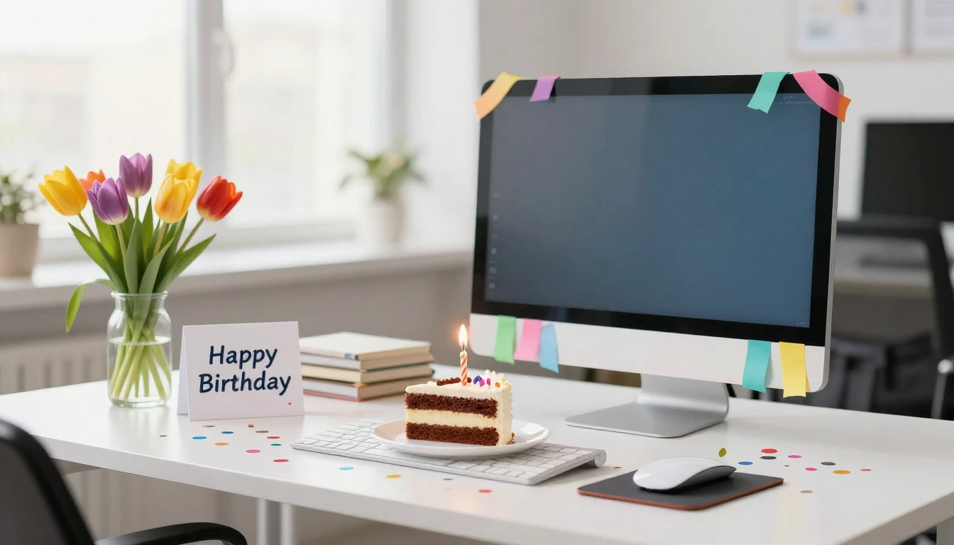 A festive and bright office desk scene celebrating a birthda...