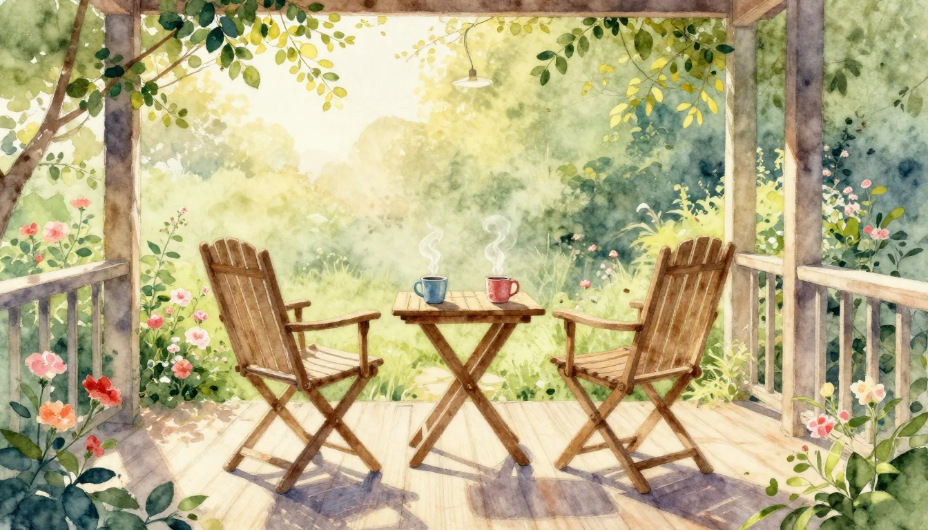 A beautiful watercolor painting of two empty chairs sitting ...