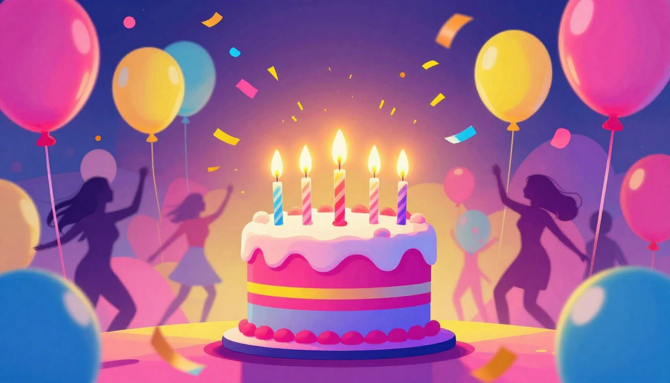 A vibrant digital art illustration of a birthday party scene...