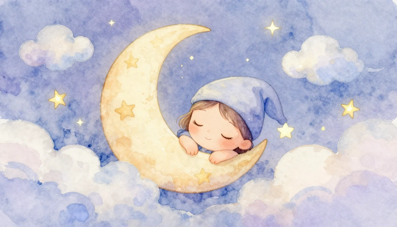 A soft watercolor illustration of a sleeping crescent moon w...