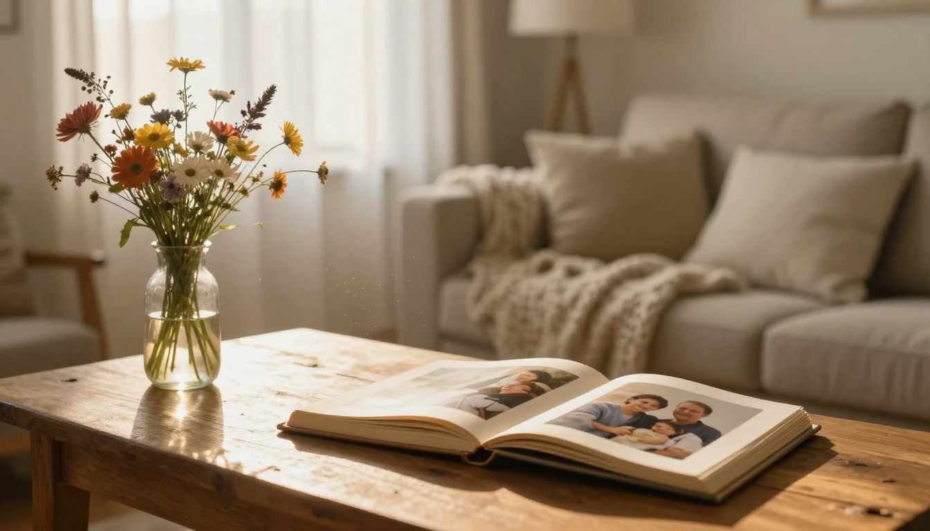 A warm, cinematic close-up shot of a cozy living room scene ...