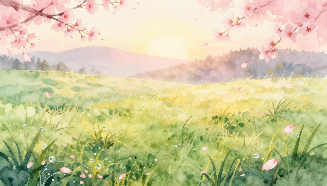 A beautiful watercolor painting of a lush meadow at sunrise....