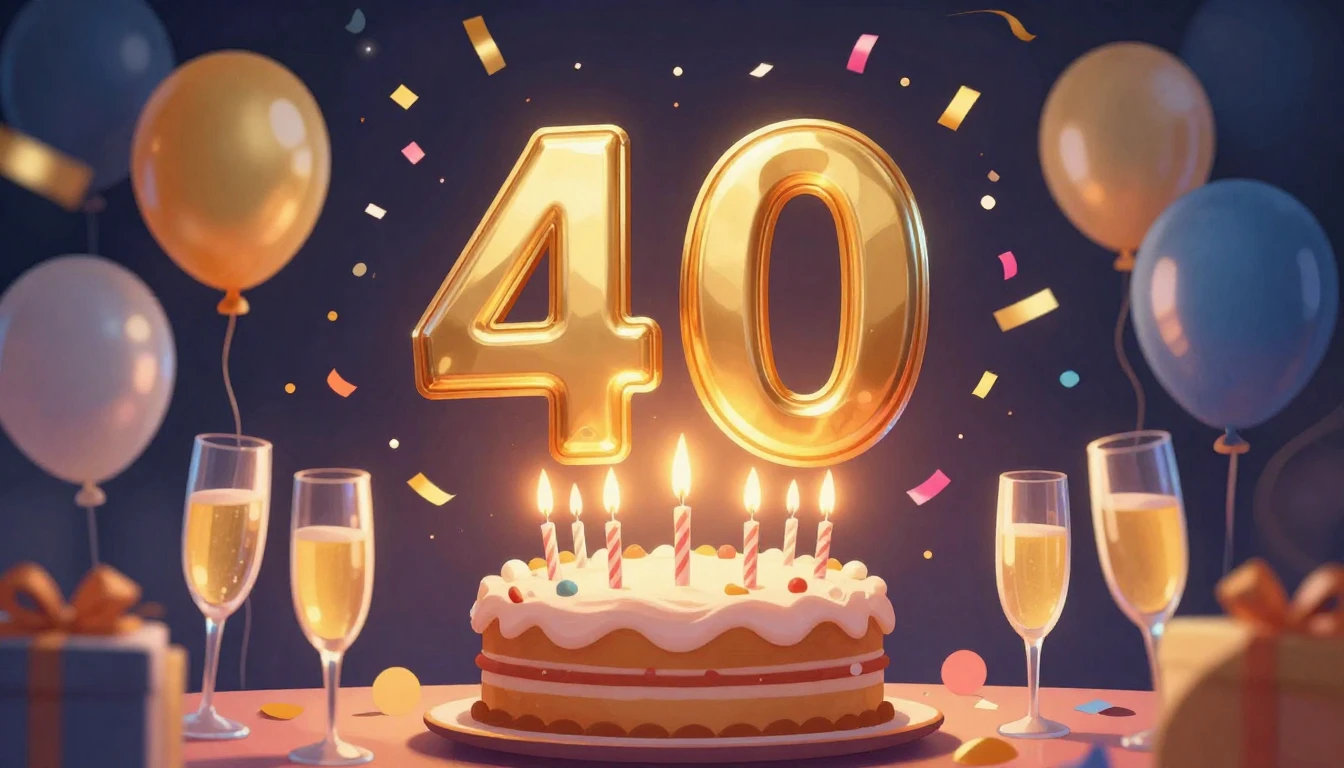 A vibrant and festive illustration celebrating a 40th birthd...