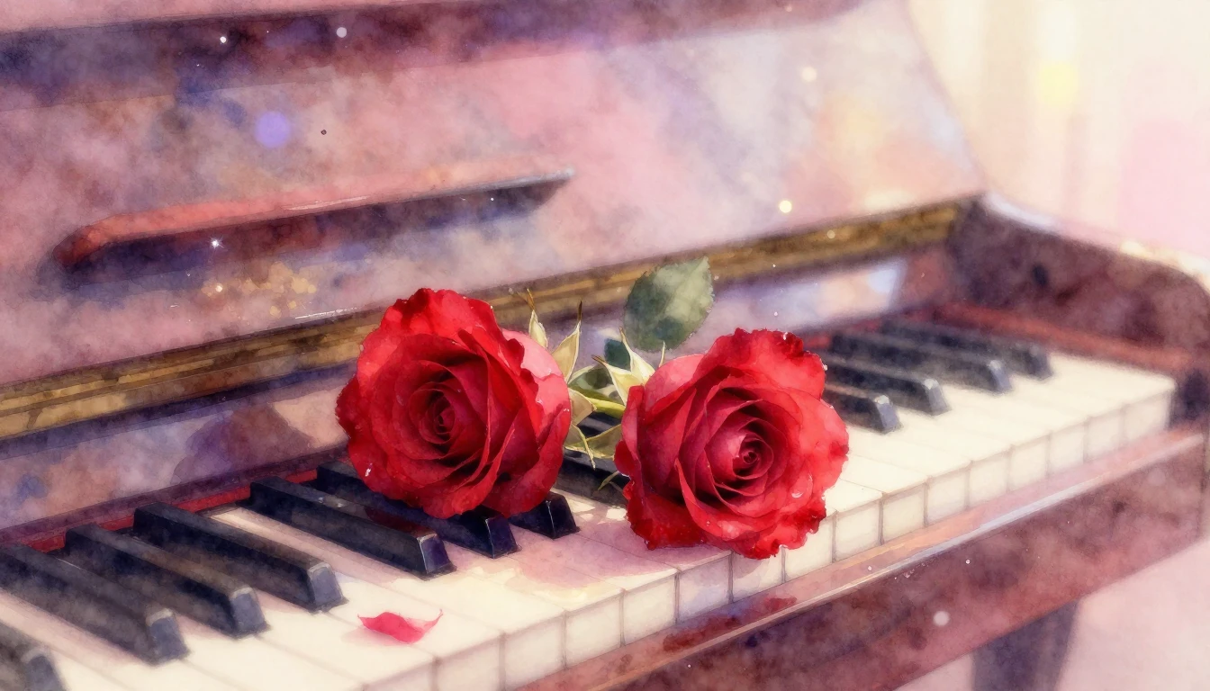 A soft and ethereal watercolor painting of two delicate red ...