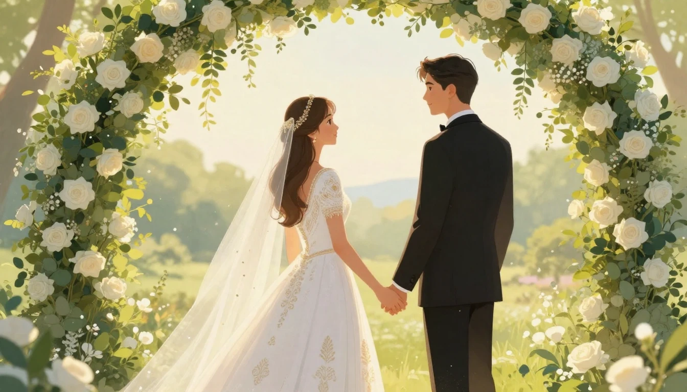 A romantic and dreamy illustration of a bride and groom hold...