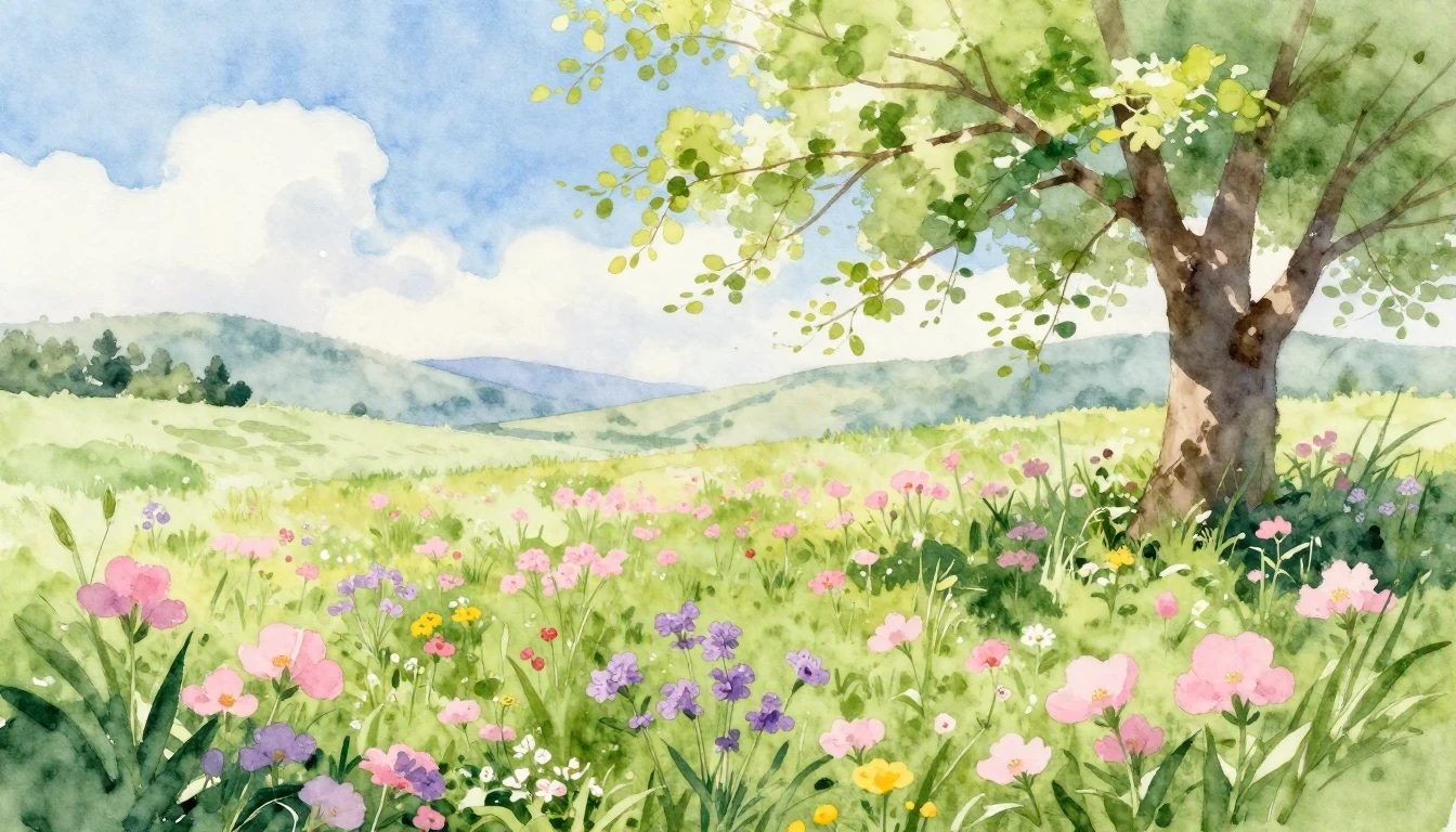 A beautiful watercolor painting of a lush spring meadow fill...