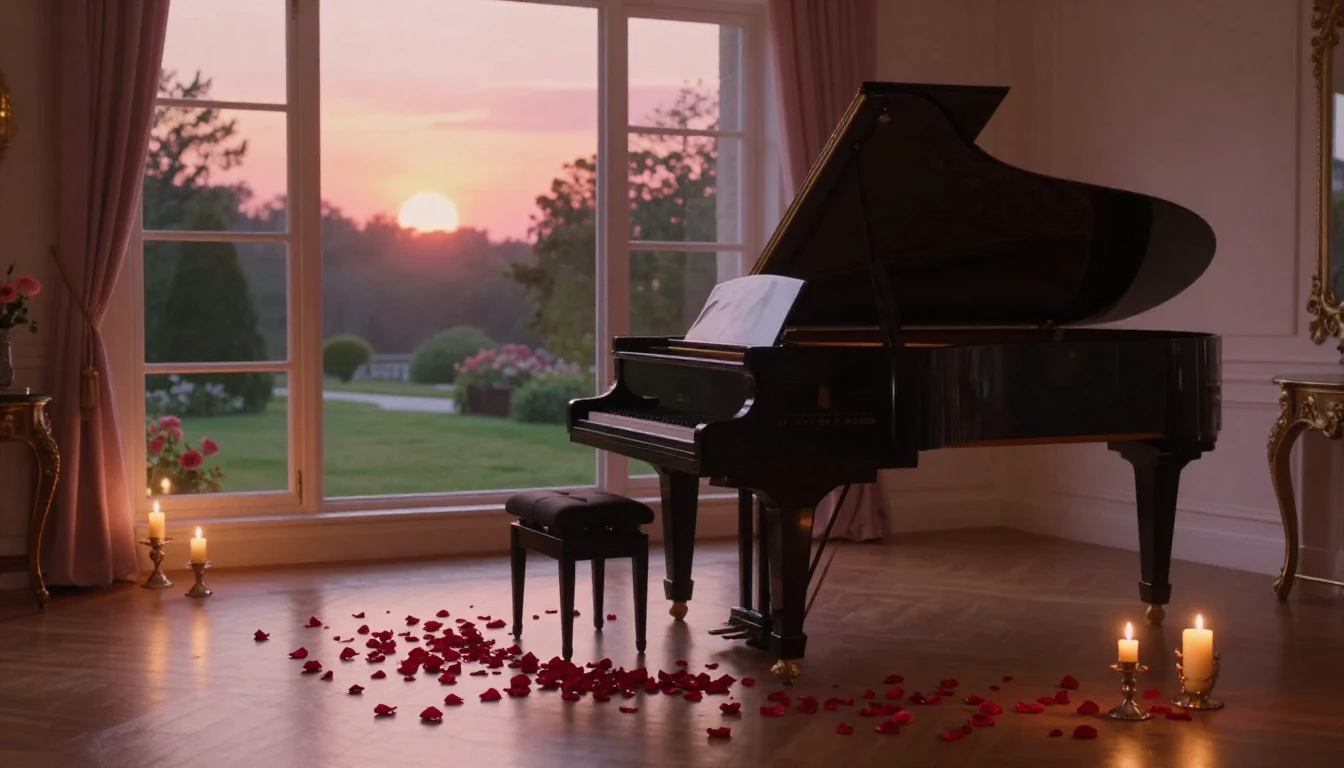 A breathtaking scene of a quiet, elegant room at dusk. A gra...