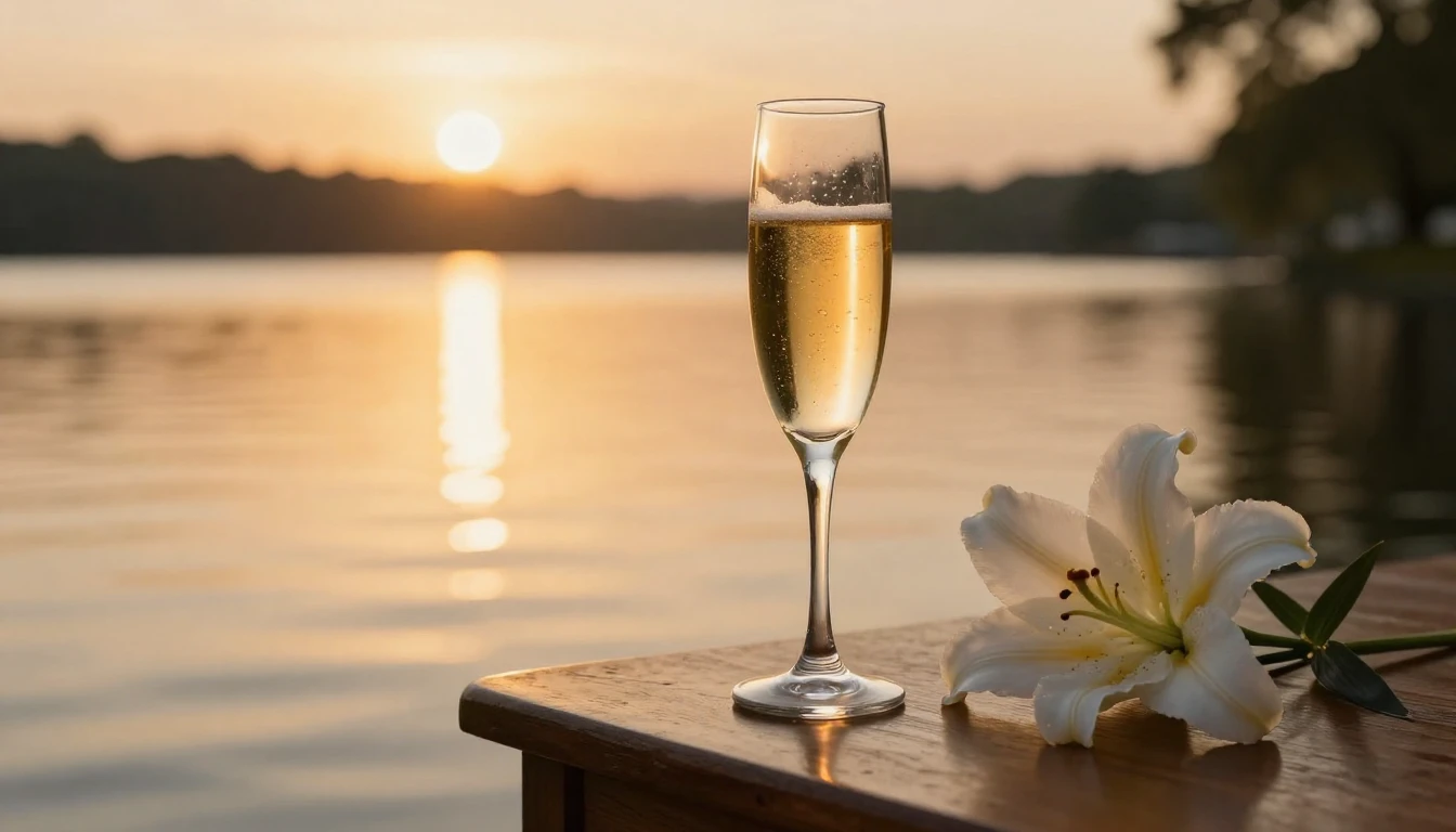 A serene and elegant scene featuring a golden sunset reflect...