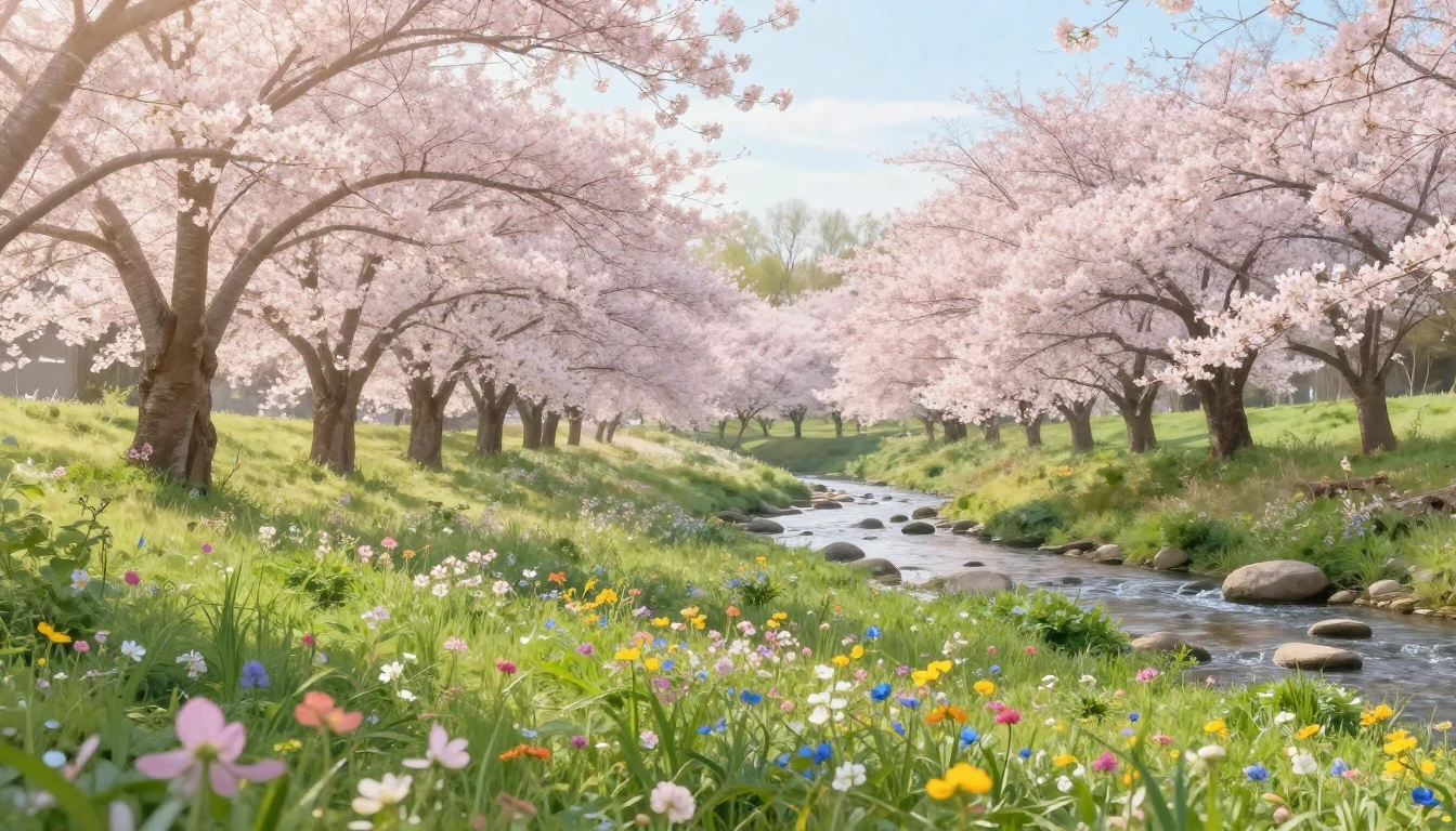 A serene landscape featuring a lush meadow filled with bloom...