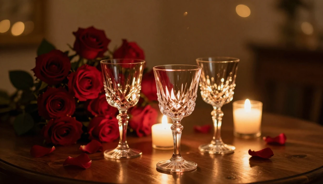 A serene and romantic scene featuring two elegant crystal gl...