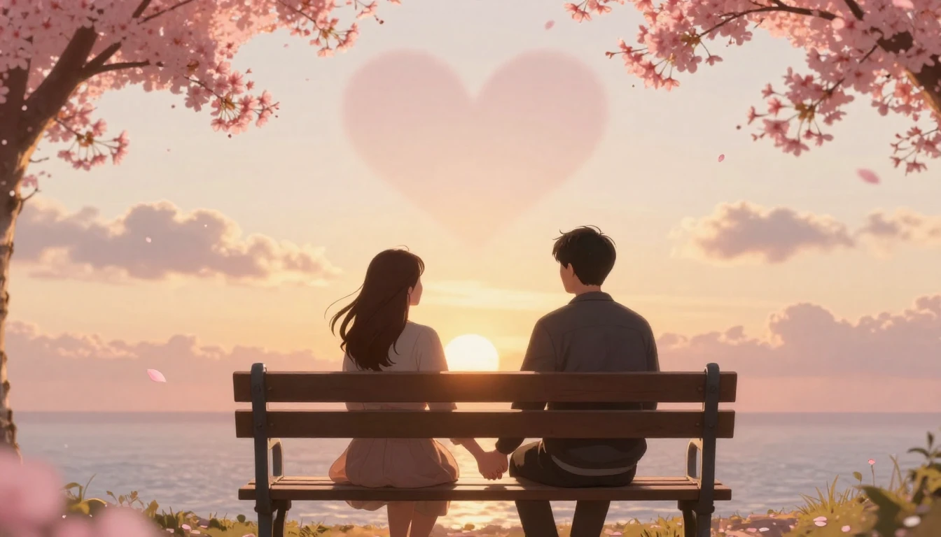 A romantic scene of a couple holding hands sitting on a park...