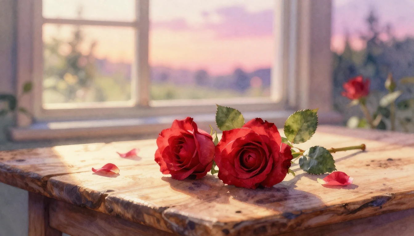 A beautiful watercolor painting of two delicate red roses in...