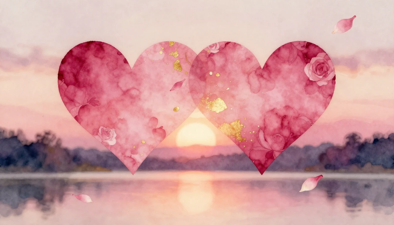 A soft watercolor painting of two abstract heart shapes merg...