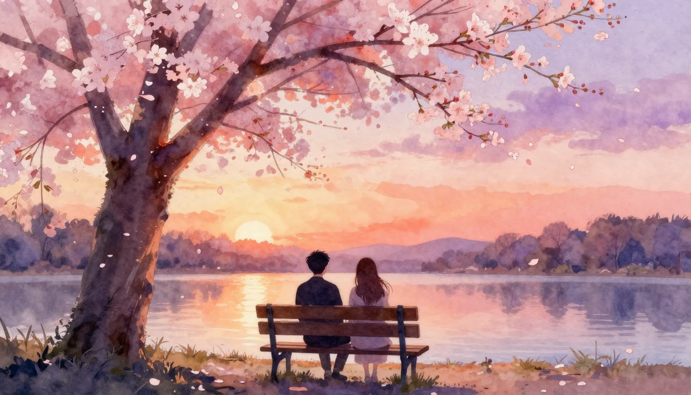 A soft watercolor painting of two silhouettes sitting togeth...