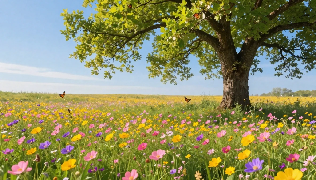 A vibrant meadow filled with blooming wildflowers in shades ...
