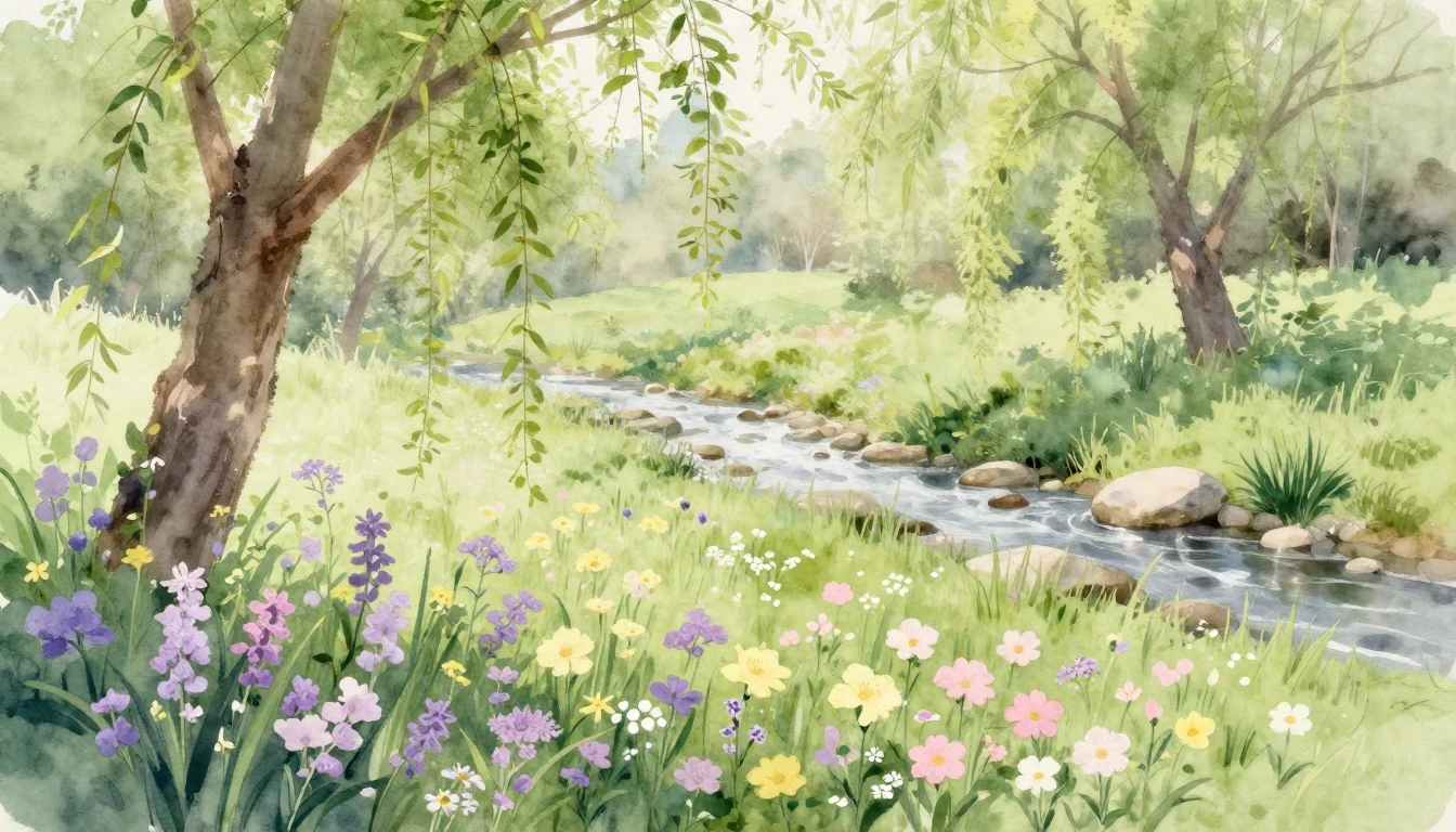 A beautiful watercolor painting of a lush spring meadow fill...
