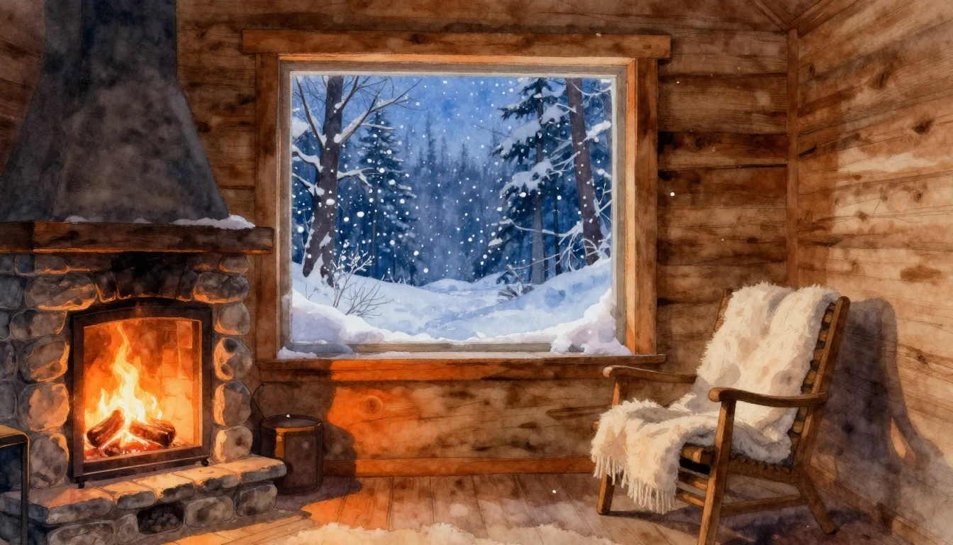 A cozy wooden cabin interior during a snowy winter evening. ...