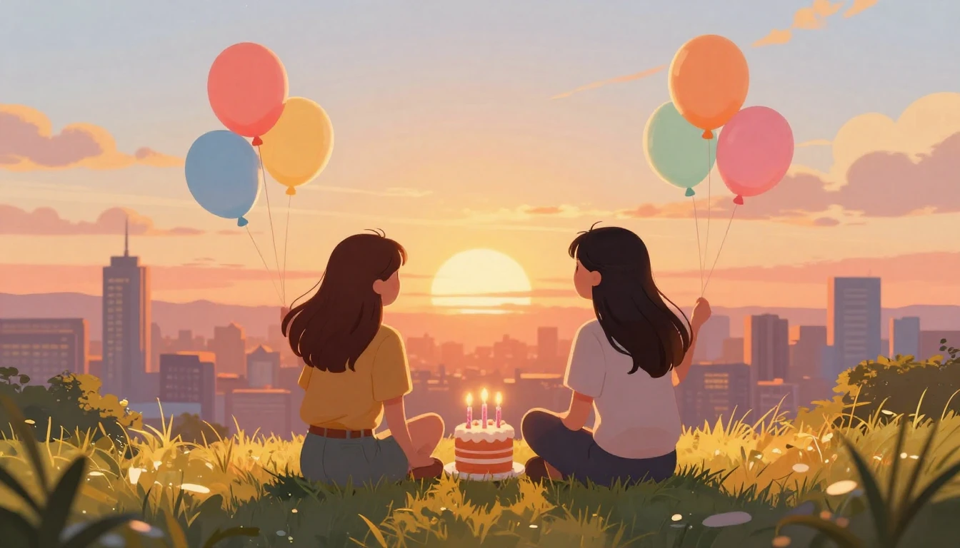 A heartwarming digital illustration of two friends sitting s...