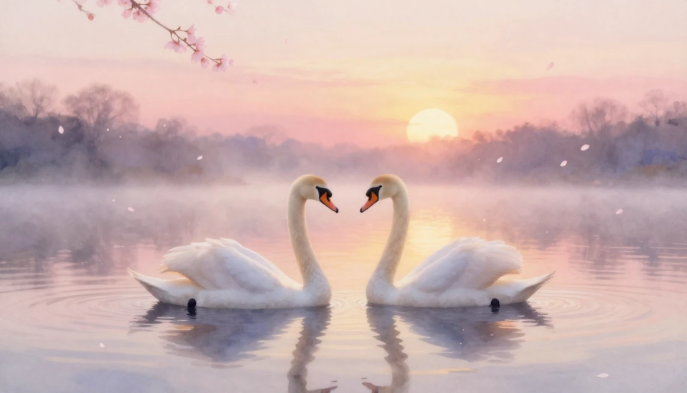 A dreamy watercolor painting of two elegant swans gliding on...