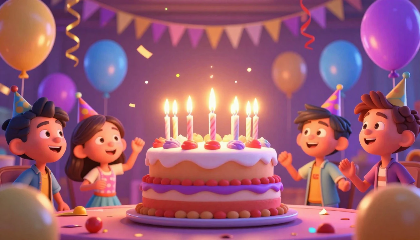 A vibrant and joyful birthday party scene in a 3D animated s...