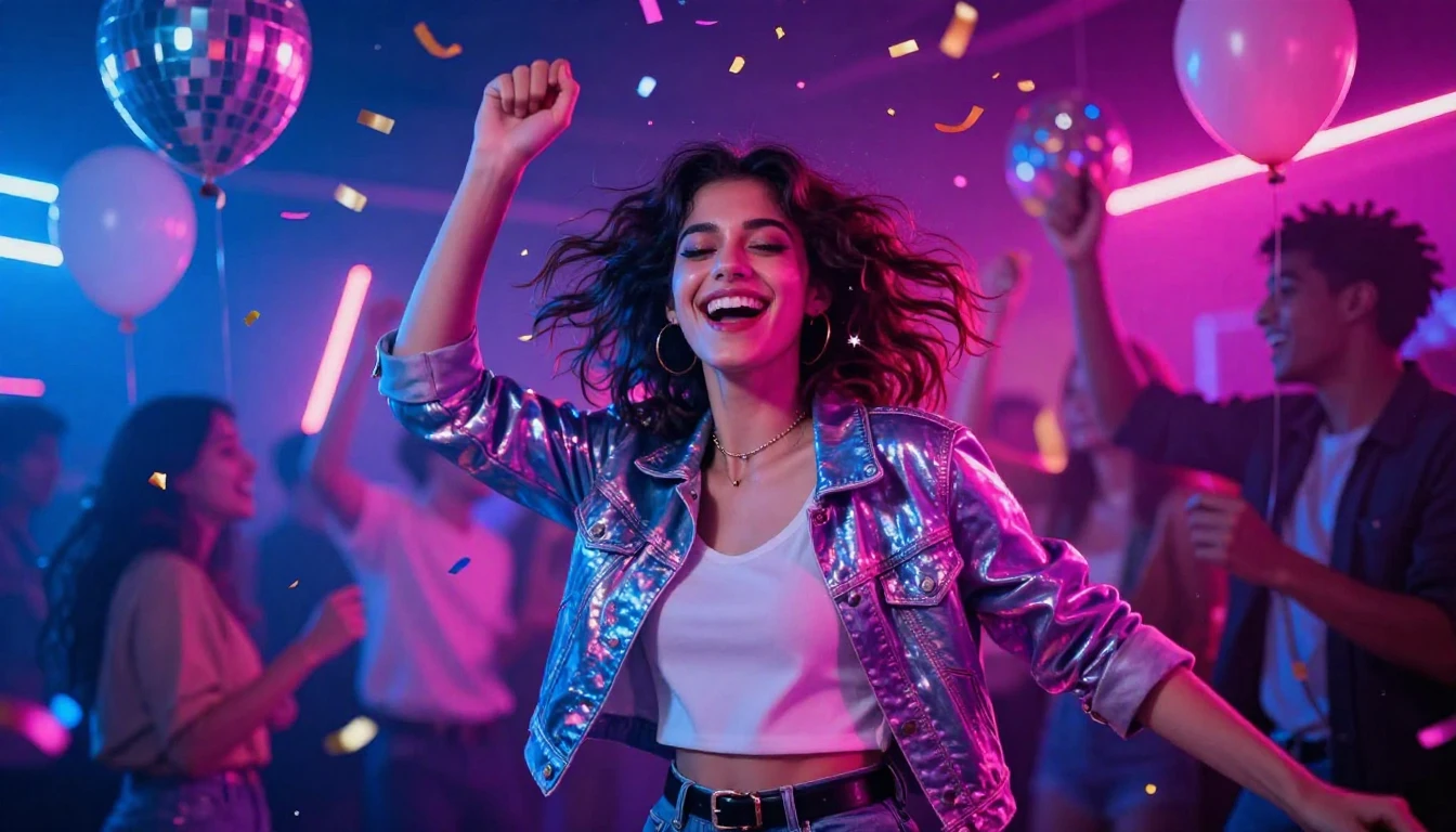 A vibrant and energetic party scene featuring a stylish youn...