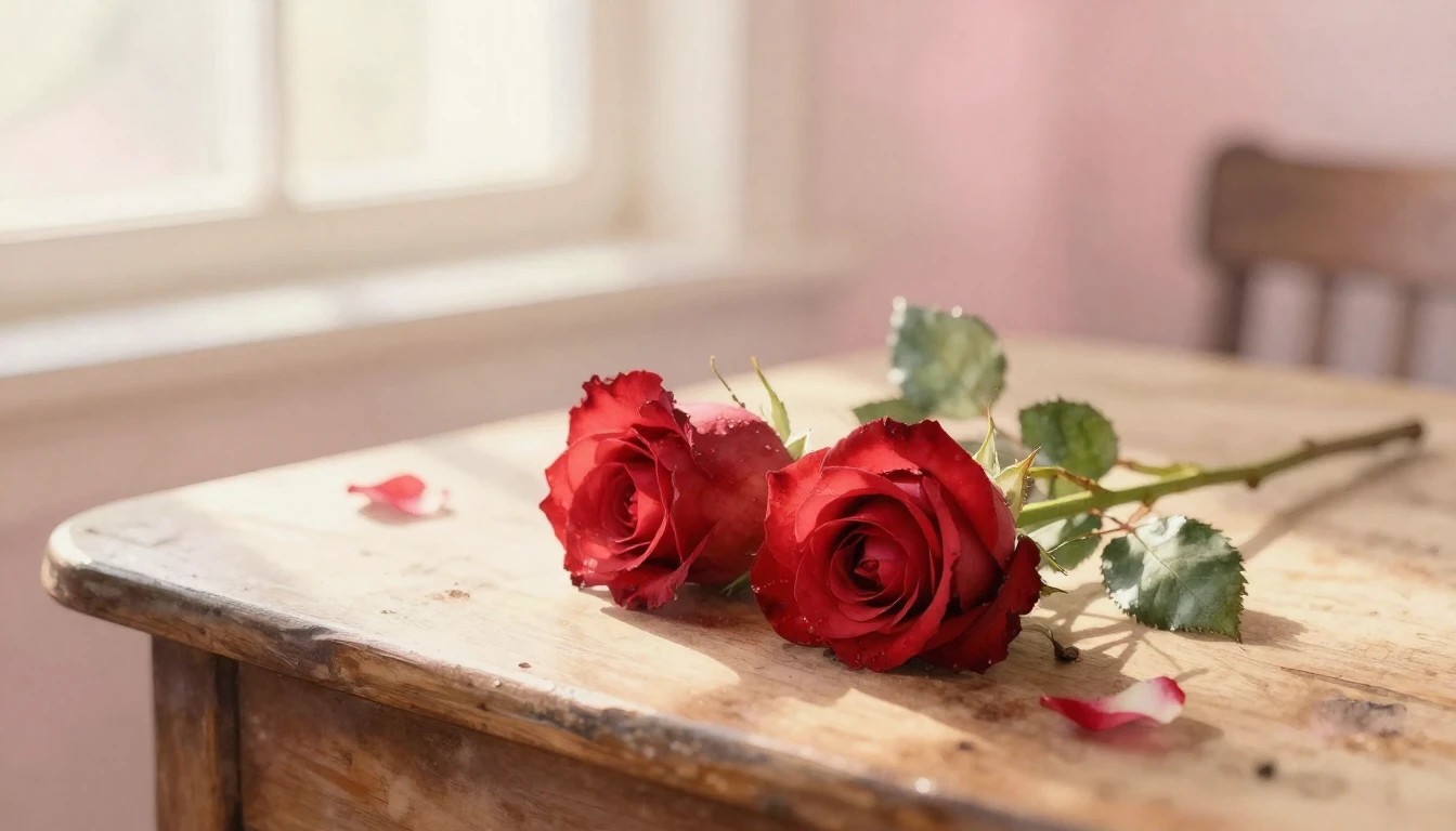 A delicate watercolor painting of two intertwined red roses ...
