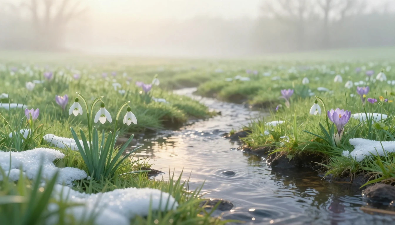A serene landscape depicting the first signs of spring. Soft...