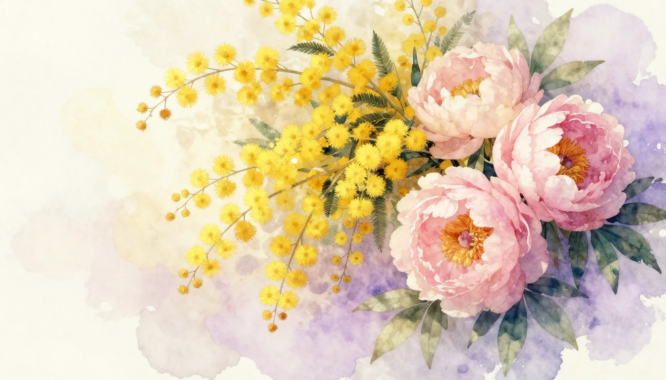 A delicate watercolor painting of blooming yellow mimosa flo...