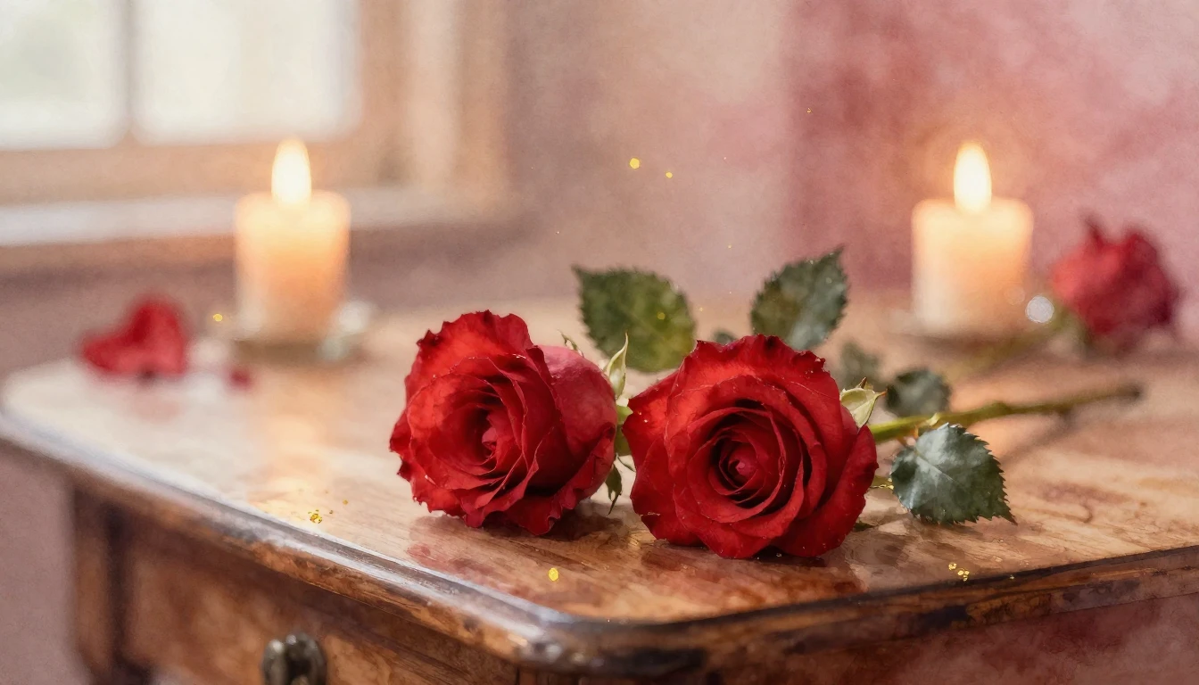 A soft watercolor painting of two delicate red roses resting...