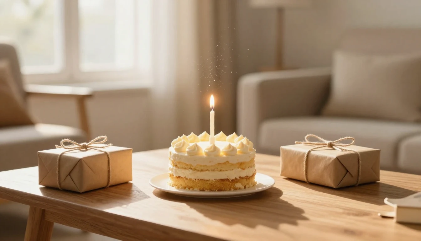 A cozy indoor scene featuring a wooden table with a small, g...