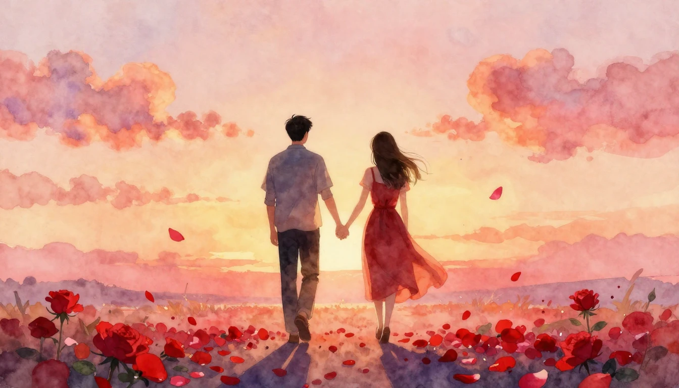 A romantic watercolor painting of a couple holding hands wal...