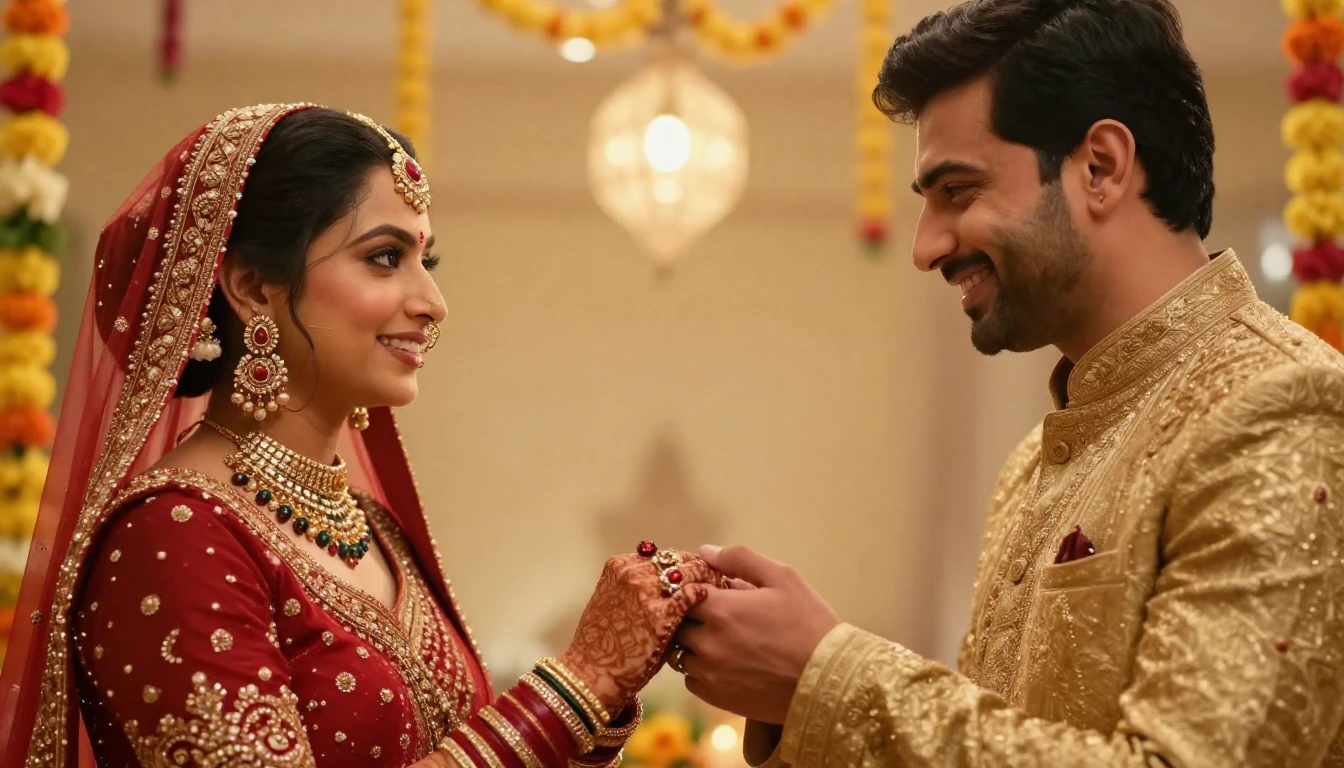 A cinematic close-up shot of a happy Indian newlywed couple ...