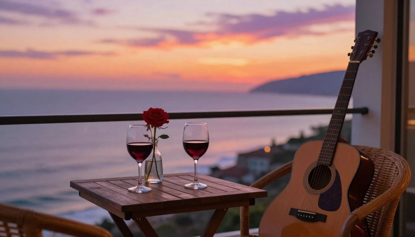 A romantic and cozy scene on a balcony overlooking the ocean...