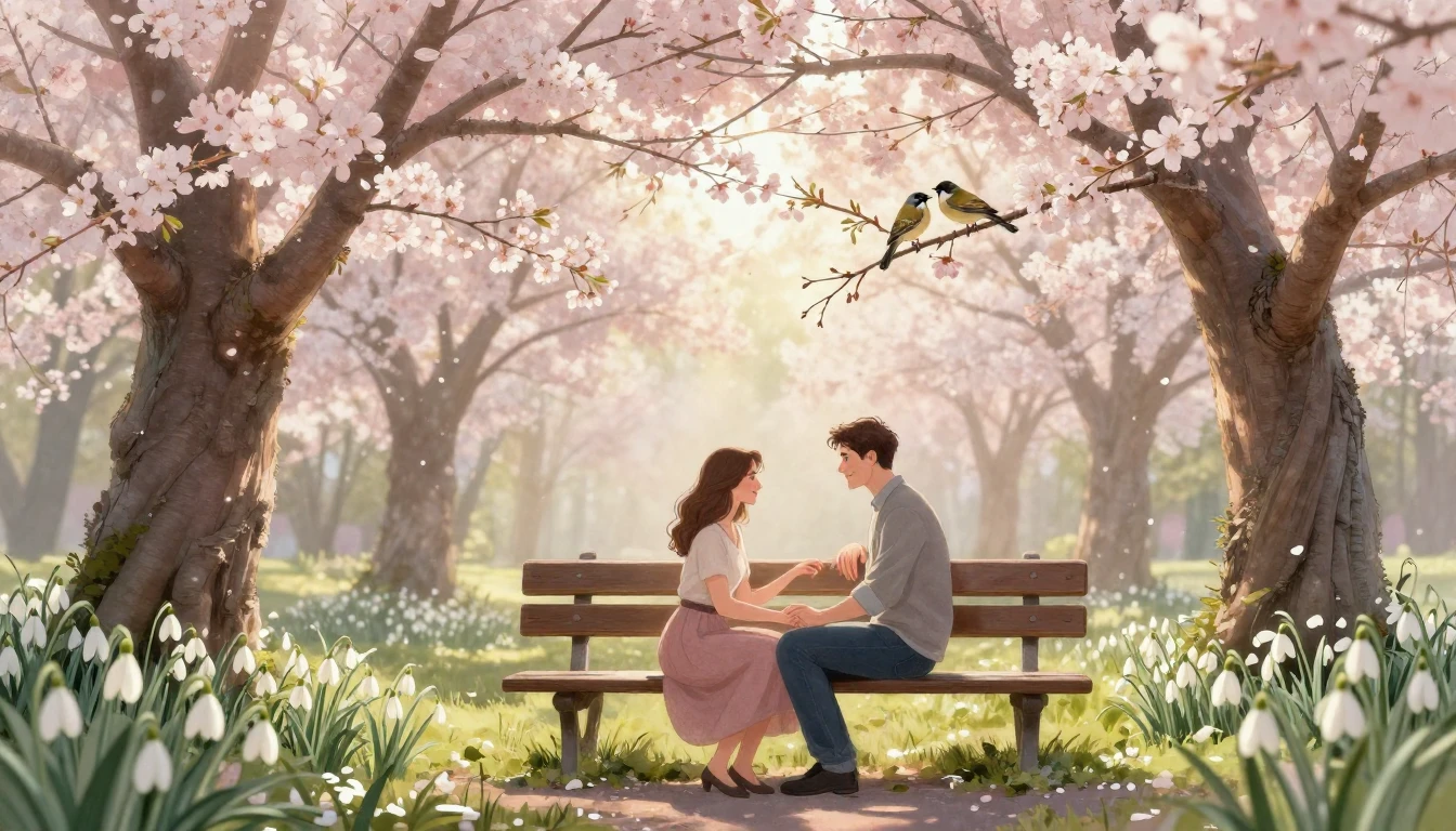 A romantic scene in a blooming park during early spring, rep...