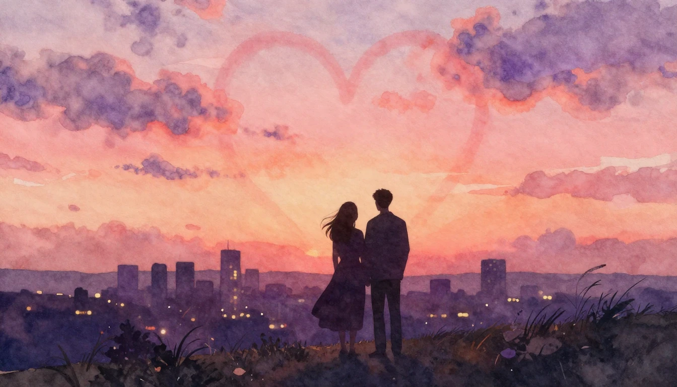 A romantic artistic watercolor painting featuring two silhou...