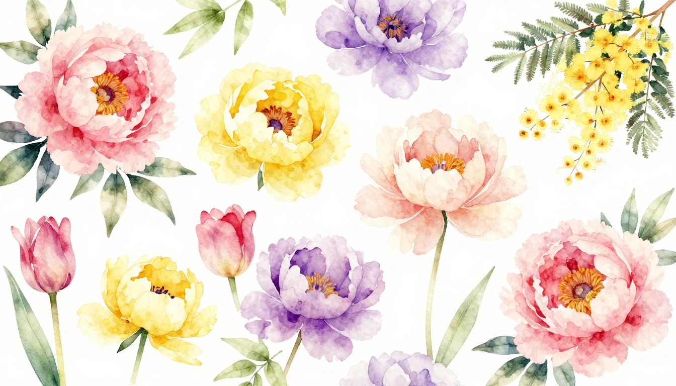 A delicate and vibrant watercolor painting featuring a varie...