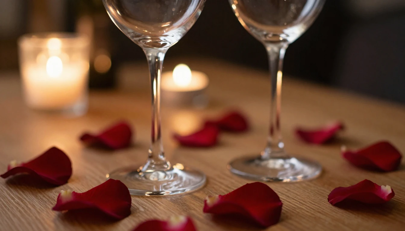 A close-up shot of two elegant wine glasses on a wooden tabl...
