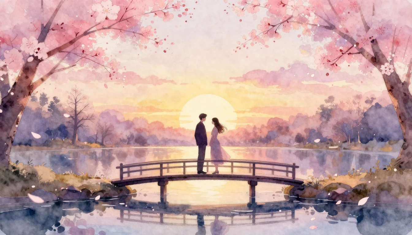 A beautiful watercolor painting of two silhouettes standing ...