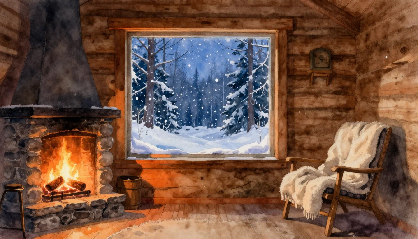 A cozy wooden cabin interior during a snowy winter evening. ...
