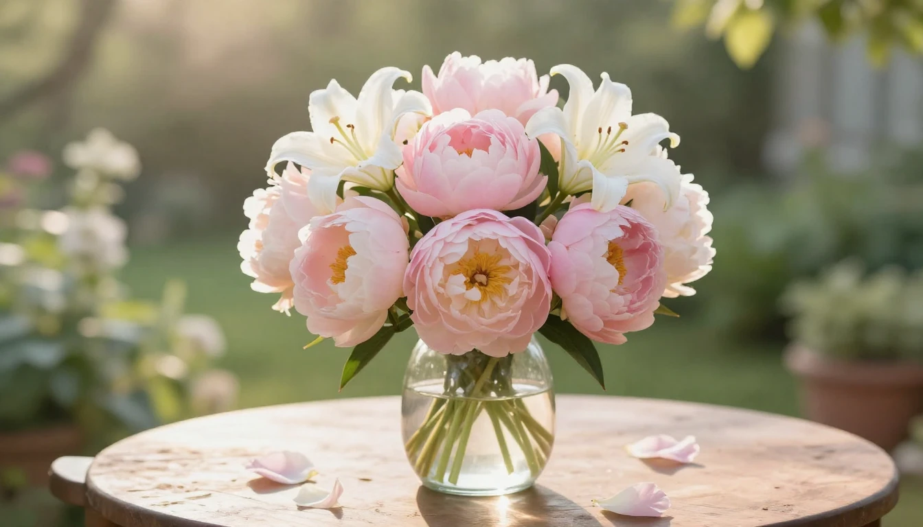 A beautiful bouquet of soft pink peonies and white lilies in...