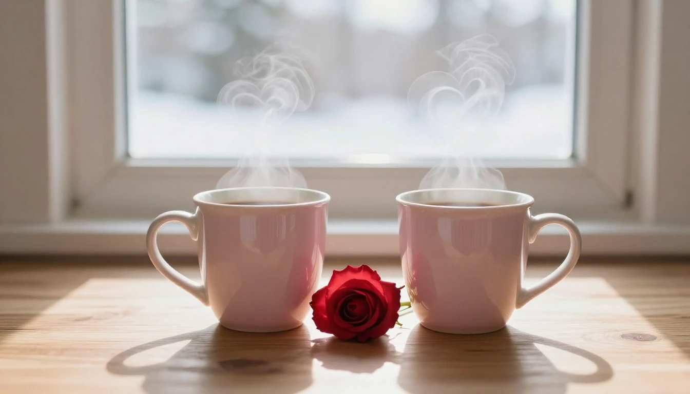 A soft and romantic composition depicting a cozy wooden tabl...