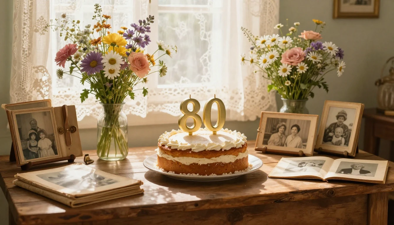 A warm and nostalgic birthday celebration setting for an 80t...