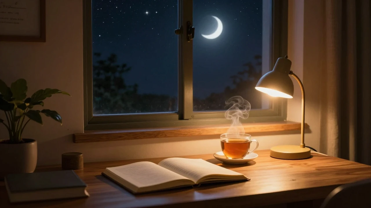 A cozy, dimly lit room at night with a large window showing ...