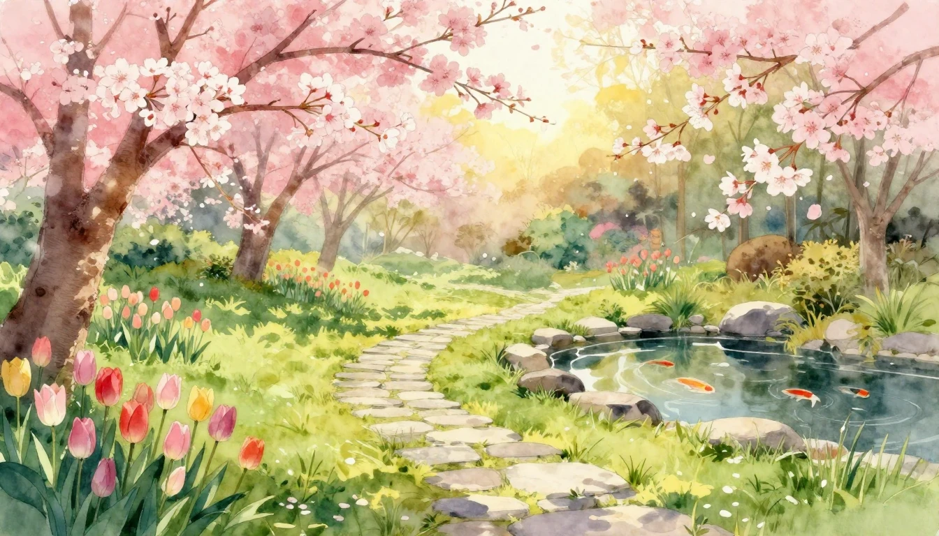 A lush, vibrant spring garden in full bloom, painted in a so...