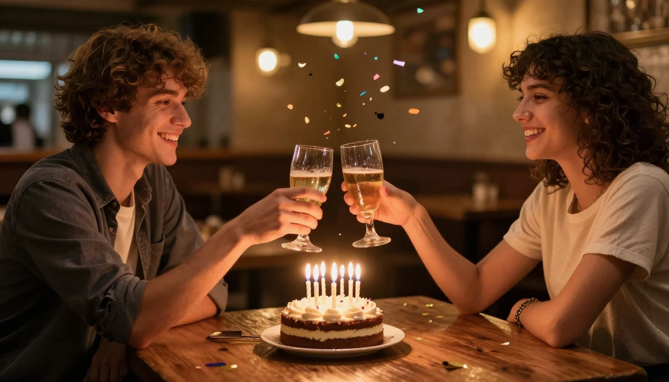 A warm and cheerful scene of two friends clinking glasses in...