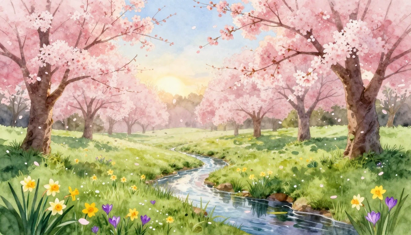 A beautiful watercolor painting of a lush spring meadow at d...