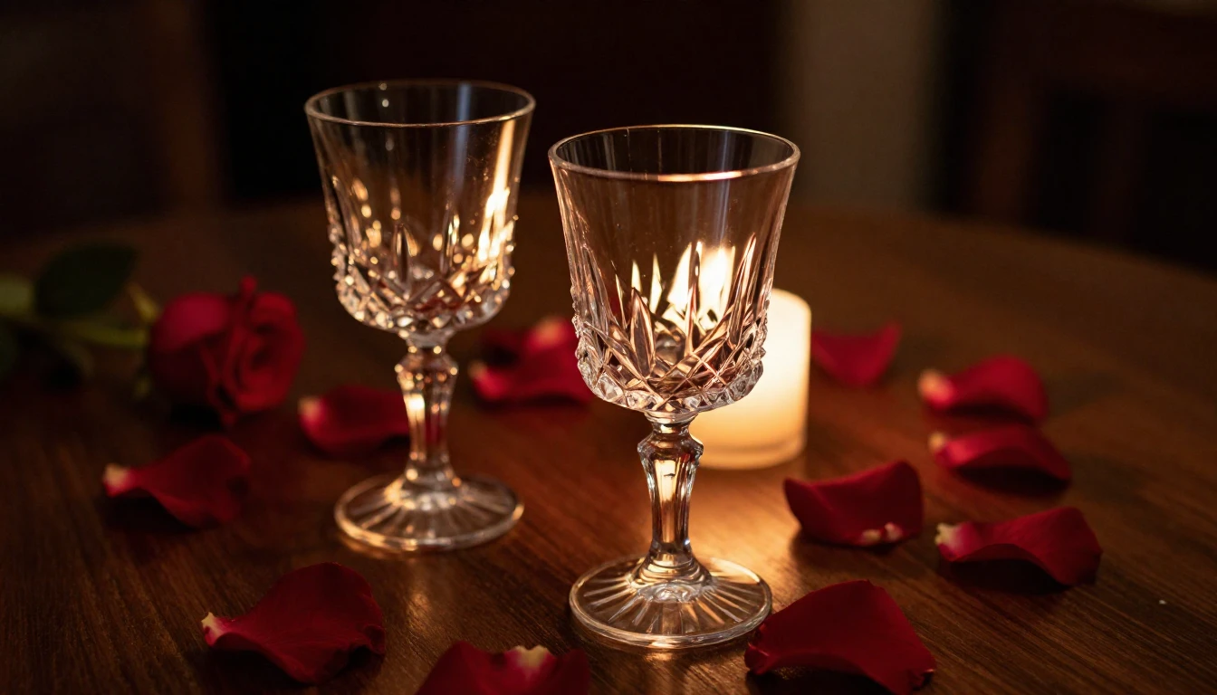 A close-up of two elegant crystal glasses on a dark wooden t...